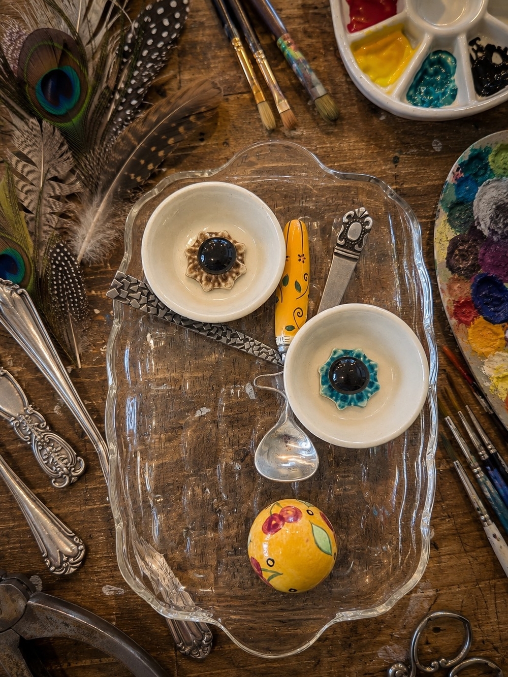 Ceramic Egg Cups and Decorative Spoon Set - Yellow & Turquoise